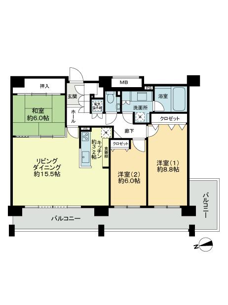 Floor plan. 3LDK, Price 28.5 million yen, Occupied area 91.84 sq m , Balcony area 23.35 sq m
