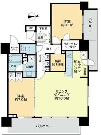 Floor plan. 2LDK, Price 35,500,000 yen, Occupied area 82.32 sq m , Balcony area 21.43 sq m entrance storage ・ trunk room ・ Storeroom ・ Abundant storage, such as walk-in closet!