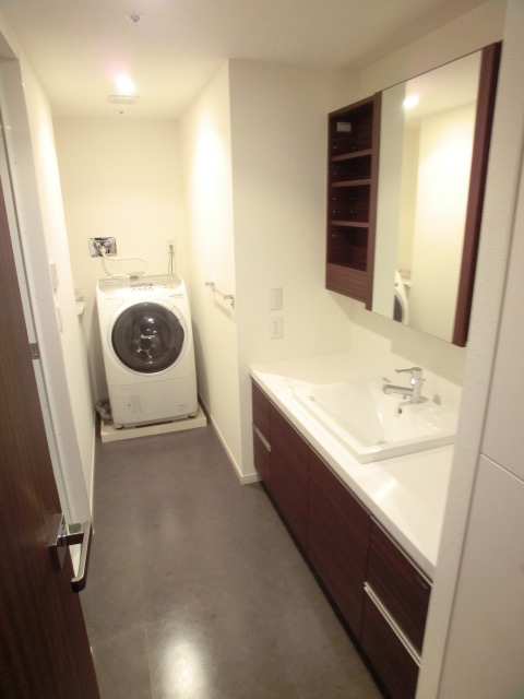 Washroom. With a drum-type washing machine.