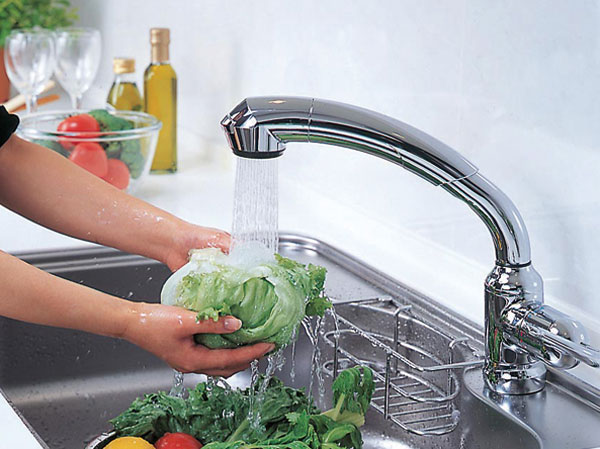 Kitchen.  [Water purification function with hand shower faucet] Faucet integrated water purifier with a built-in water purification function to the hand shower faucet pull out the head of the "water workshop" has been adopted. (Same specifications)
