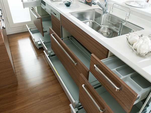 Kitchen.  [Floor container] From fine seasoning to large cookware, Set up a neat fit floor container. In sliding storage, Good kitchen clean up is born (same specifications)