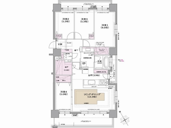 Building structure. D ・ Dg type 4LDK (model room type) Occupied area / 93.30 sq m (28.22 square meters) (D) ・ 95.20 sq m (28.79 square meters) (Dg) Balcony area / 21.32 sq m (6.44 square meters) (D) ・ 15.24 sq m (4.61 square meters) (Dg) ※ Floor plan is a D-type (Dg type the first floor)