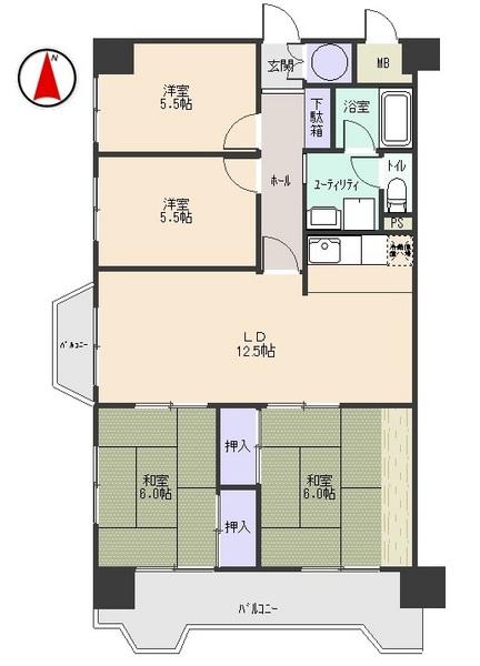 Floor plan. 4LDK, Price 12 million yen, Footprint 80.5 sq m , Balcony area 10.74 sq m
