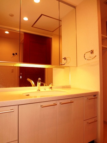 Washroom. Wash basin of a large mirror is useful to get dressed every day! 