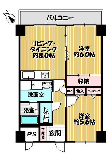 Floor plan. 2DK, Price 5.2 million yen, Footprint 51 sq m , Balcony area 7.2 sq m