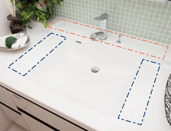 Bathing-wash room.  [Square bowl-integrated artificial marble top plate] Bowl-integrated top plate of the stylish and sharp shape. Easy to clean because there is no seam. It uses the material to keep the health and beauty (same specifications)