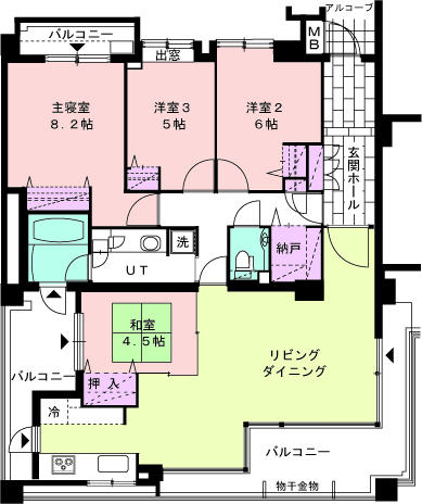 Floor plan. 4LDK, Price 30,800,000 yen, Occupied area 99.87 sq m , Balcony area 26.32 sq m 4 sides lighting plan