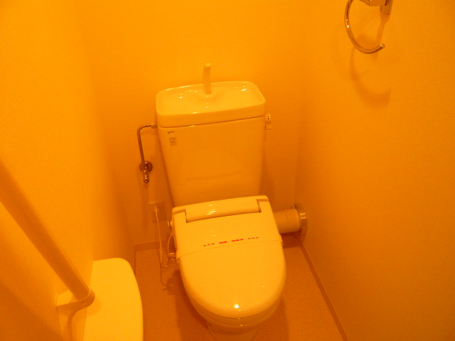 Toilet. It is a handrail with a toilet