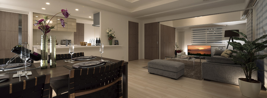 Living room that exudes a calm atmosphere ・ dining. At night, Space is in remarkably broad and modern impression. Downtown night scene, Warm hue is also directed to increase the relaxation (indoor photo of the web is B1 type 3LDK model room. Some options (paid) including)