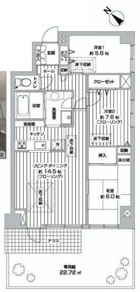 Floor plan. 3LDK, Price 21,800,000 yen, Occupied area 85.86 sq m , Balcony area 22.72 sq m