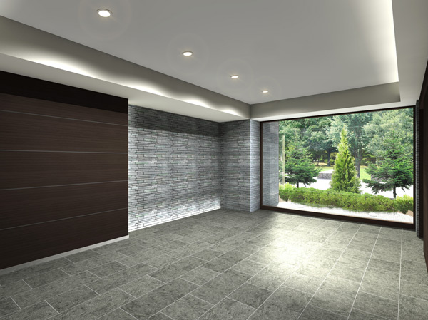 Shared facilities.  [Entrance hall] Porcelain tile on the floor, It was subjected to quartz rock in a part of the wall, Sublime Entrance Hall. The large openings arranged in Hinomaru park side cramping natural light, Green park spread planting and on the other side is pleasing to the eye (Rendering)