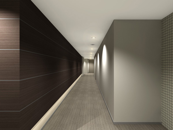 Shared facilities.  [Shared hallway] Shared corridor that connects the entrance hall and the elevator hall. And the warmth of woodgrain decorative panel that nestled on the wall, The gentle light of the series of from indirect lighting, Us switched to off the feeling from on enough to enter Ayumi (Rendering)
