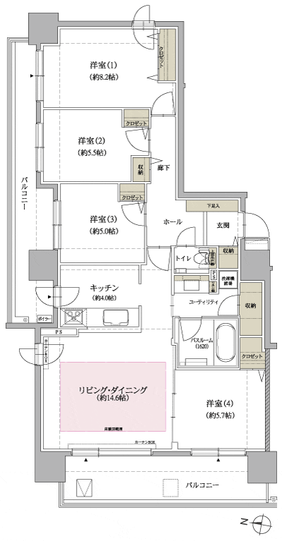 Other. A type ・ 4LDK Floor Plan (occupied area / 96.39 sq m . Balcony area / 25.73 sq m ). Corner dwelling unit in which all of the room is a feeling of opening facing the balcony