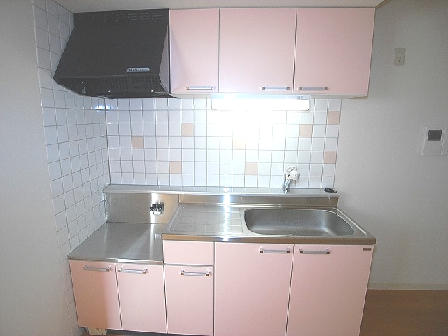 Kitchen. Cute cherry color of the kitchen