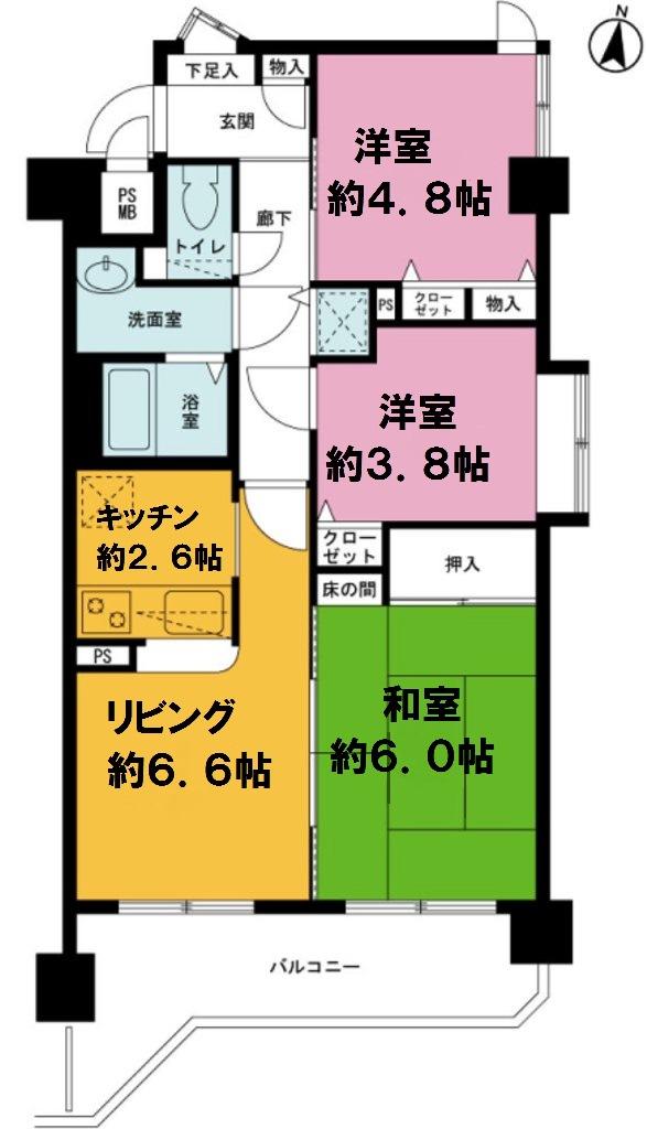 Floor plan. 3LK, Price 7.8 million yen, Occupied area 55.72 sq m , Balcony area 8.57 sq m
