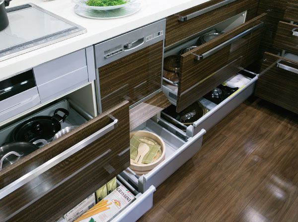 Kitchen.  [Floor container] From fine seasoning to large cookware, Set up a neat fit floor container. In sliding storage, Clean up good kitchen is born