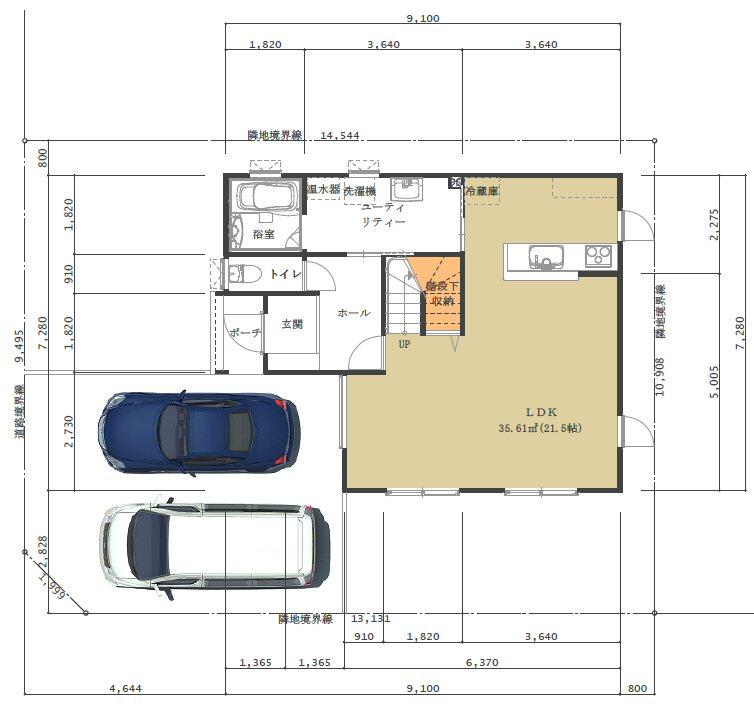 Compartment view + building plan example. Building plan example, Land price 2.2 million yen, Land area 155 sq m , Building price 15,620,000 yen, Building area 99.36 sq m