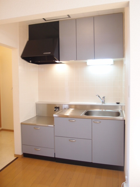 Kitchen. Stylish kitchen of pale blue! Cooking space comfortably! 