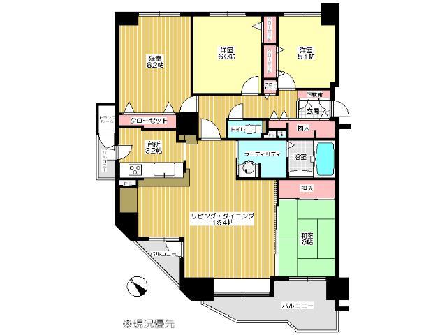 Floor plan. 4LDK, Price 18.5 million yen, Occupied area 98.37 sq m , Balcony area 10.96 sq m Floor