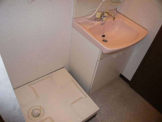 Washroom. Wash basin and washing machine storage is attached