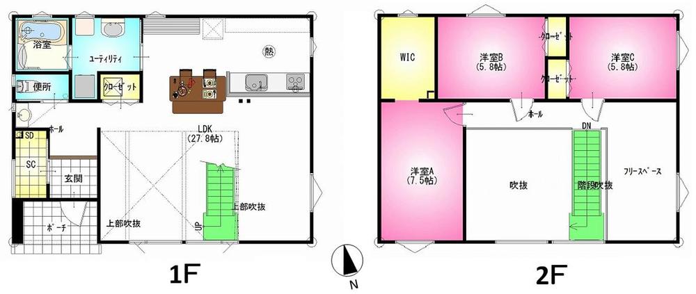 Floor plan. 28 million yen, 3LDK + 2S (storeroom), Land area 230.01 sq m , The first floor in the building area 122.1 sq m atrium ・ Open-minded Mato the second floor leads. 1st floor ・ Set up a free space that can be used for multi-purpose on the second floor