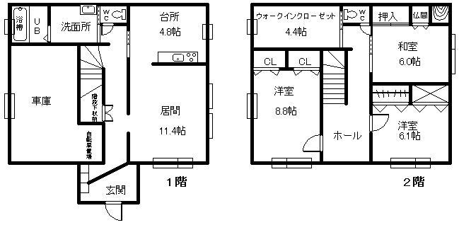 Floor plan. 23.5 million yen, 3LDK, Land area 168 sq m , Building area 138.04 sq m 2-story 3LDK Walk-in closet with 4.4 Pledge LD11.4 + K4.8  Japanese-style room 6.0 Hiroshi 6.0 Hiroshi 6.1