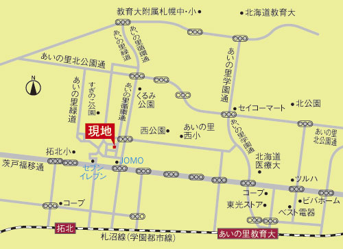 Local guide map. Local guide map. Local is a 12-minute walk to JR Sasshō Line (Gakuentoshisen) Takuhoku Station, TEW a 3-minute walk to elementary school, Convenience facilities are also familiar environments such as supermarkets and convenience stores