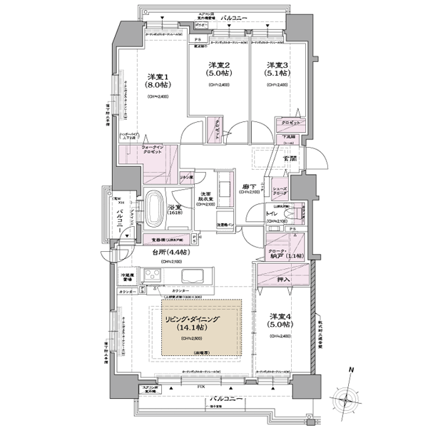 Room and equipment. A type ・ 4LDK model room type. 3 face lighting, Three faces southwest angle dwelling unit balcony. living ・ Dining bright two-sided lighting plan. kitchen, Also ensure the lighting in the bathroom (A type, 4LDK, Occupied area / 95.78 sq m , Balcony area / 15.66 sq m )