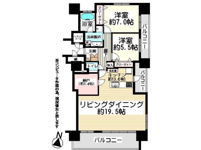 Floor plan. 2LDK+S, Price 31,800,000 yen, Occupied area 85.41 sq m , Balcony area 21.44 sq m Floor