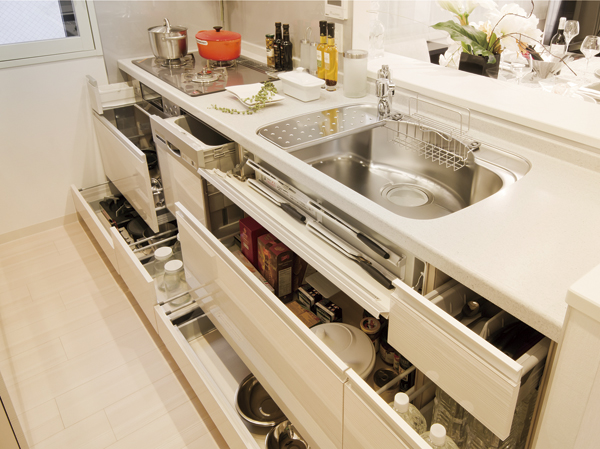 Equipped with a variety of equipment to support the busy housework in the kitchen. Slide-type dishwasher and sliding storage, Going to be fun dishes such as a smart pocket