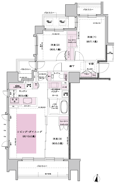 Floor: 3LD ・ K + 2WIC, occupied area: 74.26 sq m, Price: 31.9 million yen