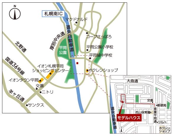 Local guide map. Model house guide map. Hokuren shop ・ Tsuruha drag, such as convenience facilities are located within walking distance.