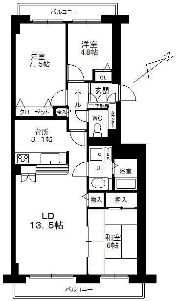 Floor plan. 3LDK, Price 10.8 million yen, Occupied area 69.89 sq m , Balcony area 12.28 sq m