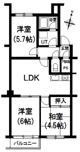 Floor plan. 3LDK, Price 2.5 million yen, Occupied area 57.42 sq m , Balcony area 2.7 sq m