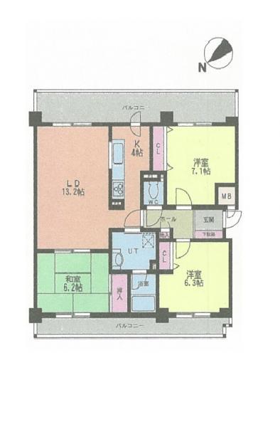 Floor plan. 3LDK, Price 13,980,000 yen, Occupied area 77.28 sq m , Balcony area 21.68 sq m