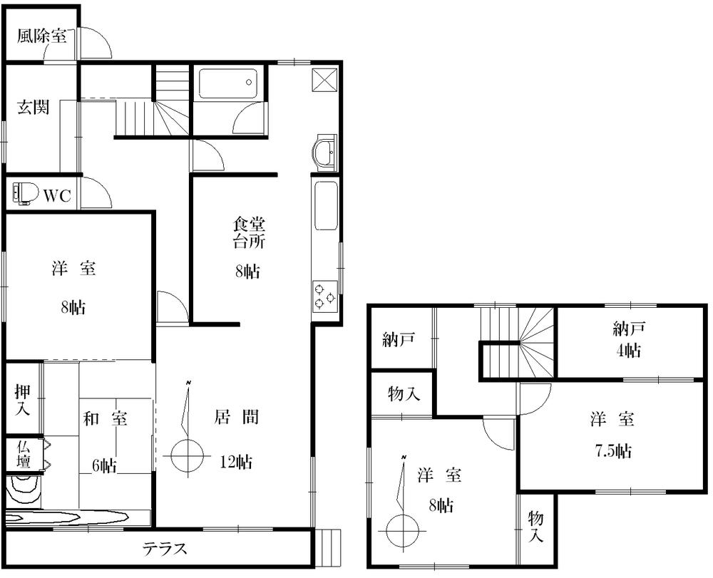 Floor plan. 13.8 million yen, 4LDK + 2S (storeroom), Land area 141.75 sq m , Building area 141.75 sq m 1 floor 20LDK * 8 * sum 6 Second floor 8 * 7.5 * S Sunny! 