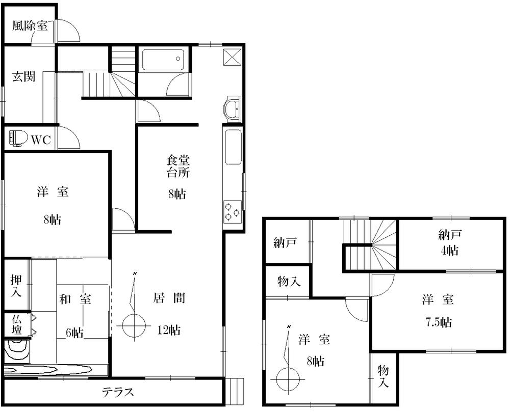 Floor plan. 13.8 million yen, 4LDK + 2S (storeroom), Land area 141.75 sq m , Building area 141.75 sq m 1 floor 20LDK * 8 * sum 6 Second floor 8 * 7.5 * S Sunny!