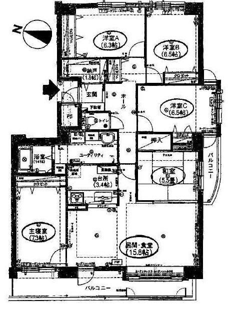 Floor plan. 5LDK, Price 12.8 million yen, Footprint 115.83 sq m , Balcony area 17.48 sq m