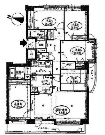 Floor plan. 5LDK, Price 12.8 million yen, Footprint 115.83 sq m , Balcony area 17.48 sq m