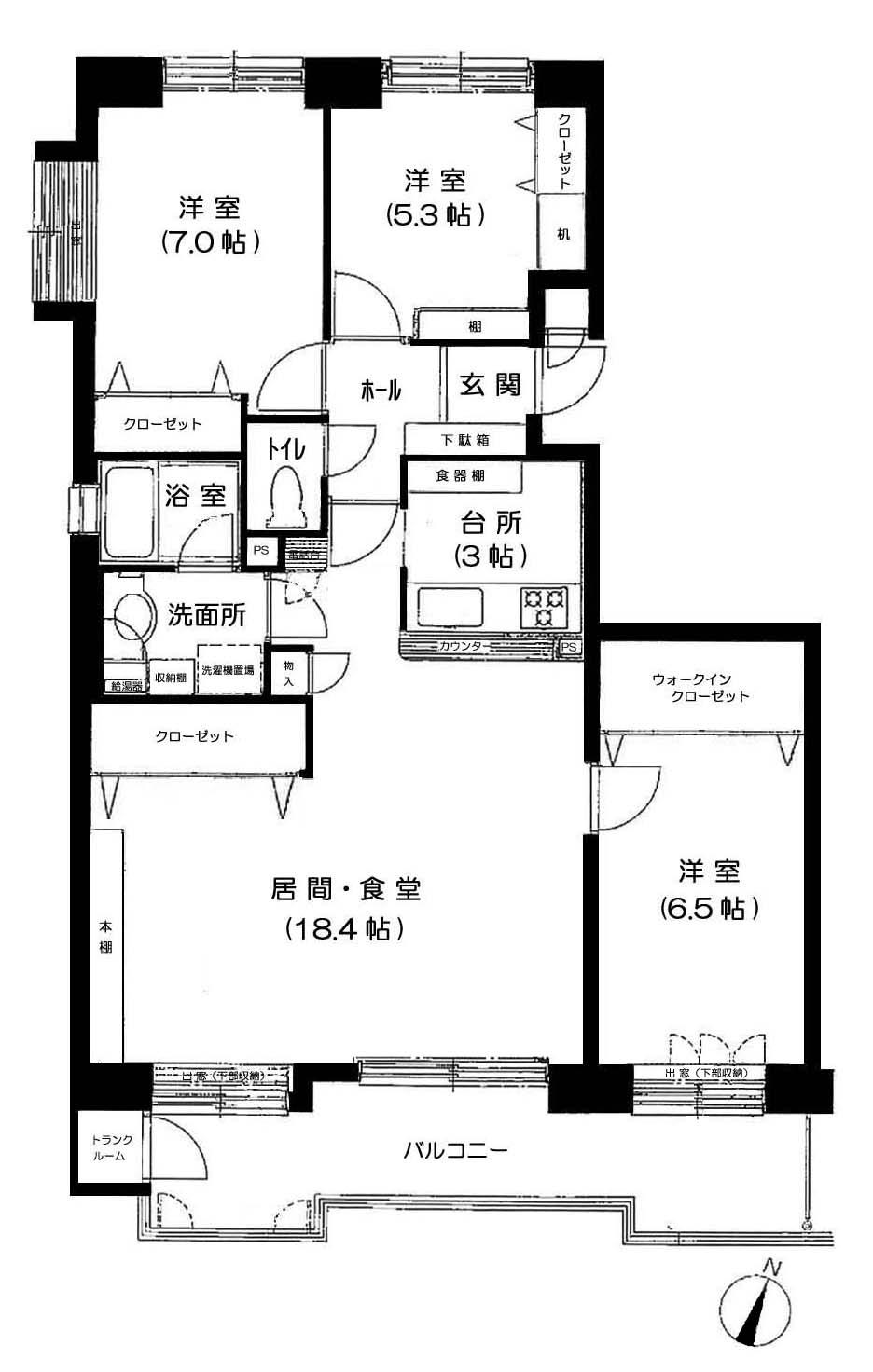 Floor plan. 3LDK, Price 22,700,000 yen, Occupied area 87.42 sq m , Balcony area 12.35 sq m