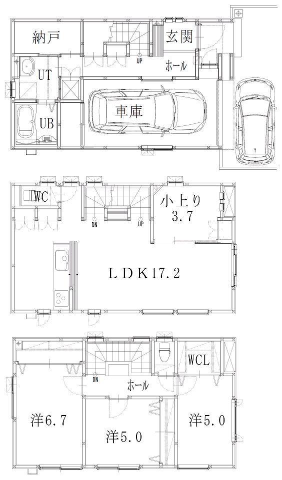 Floor plan. (A1 3-story model house), Price 27,800,000 yen, 4LDK, Land area 71.39 sq m , Building area 125.97 sq m