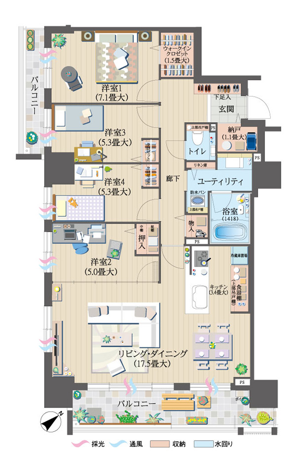 Room and equipment. B type, Storeroom ・ Walk-in closet ・ There is a closet, Most accommodating in all types have been enhanced. Also, Is also the most living is wide type, Even your home there are many children, You can relax freely. About 17.5 tatami LD dihedral lighting, A storage capacity corner dwelling unit plan (B type ・ 4LDK, Occupied area 97.55 sq m , Balcony area 16.23 sq m)