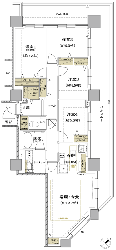 M type ・ 4LDK Occupied area / 95.41 sq m  Balcony area / 37.53 sq m