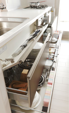 Kitchen.  [All slide storage] Storage of kitchen and everything sliding, Use of the space without waste. It will open up the back of the drawer, Is easy loading and unloading of cookware