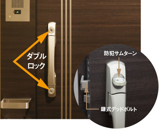 Security.  [Double Rock, With crime prevention thumb turn] To the entrance door of each dwelling unit is, Adopt a strong sickle-type dead bolt lock up and down two places to pry. further, Thumb turn of the top has become a structure that can not be unlocked and not turn while holding down the switch (same specifications)