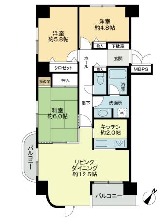 Floor plan. 3LDK, Price 18,800,000 yen, Occupied area 75.53 sq m , Balcony area 7.52 sq m