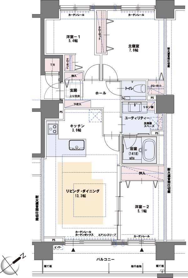 Building structure. F type 3LDK price / 25,790,000 yen Occupied area / 78.85 sq m (23.85 square meters) Balcony area / Convenient to UT and bathroom from each room is in the 11.05 sq m water around the center. Furniture layout easy to square LD