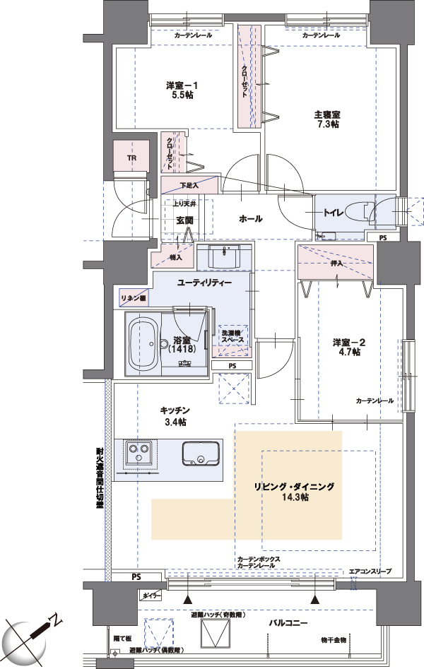 Building structure. H type 3LDK price / 26,100,000 yen ・ 26,710,000 yen Occupied area / 79.98 sq m (24.19 square meters) Balcony area / 10.37 sq m of dwelling unit angle 3LDK. The sliding door provided in the two-way Western-style 2. Also supports Tsuzukiai and private room of the LD