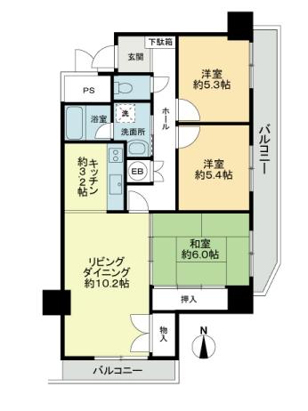 Floor plan. 3LDK, Price 14.8 million yen, Occupied area 72.65 sq m , Balcony area 14.59 sq m