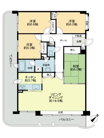 Floor plan. 4LDK, Price 18.5 million yen, Footprint 100.99 sq m , Balcony area 34.59 sq m